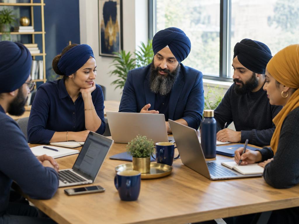 Illustrative image of Sikh professionals working together around a table