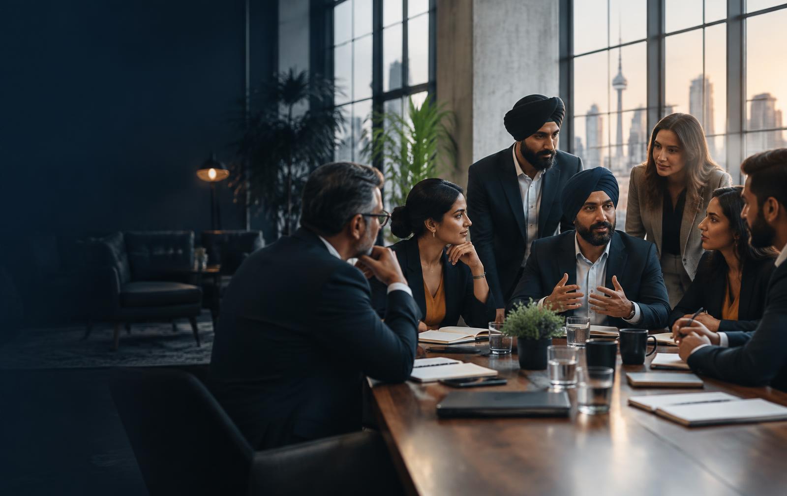 Illustrative image of Sikh professionals gathered for a discussion