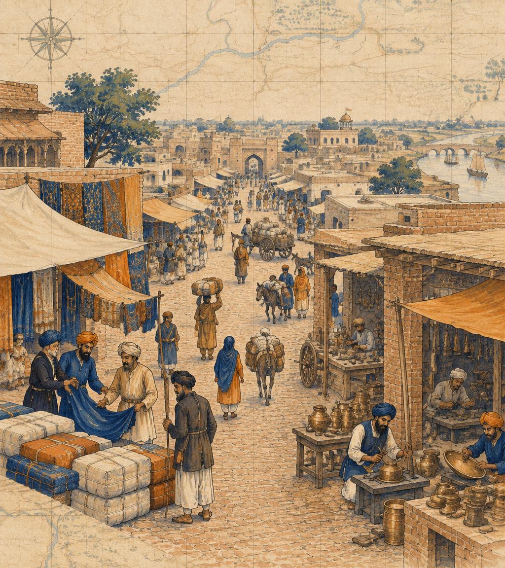 Illustration of traders and artisans in a historic Punjabi market town